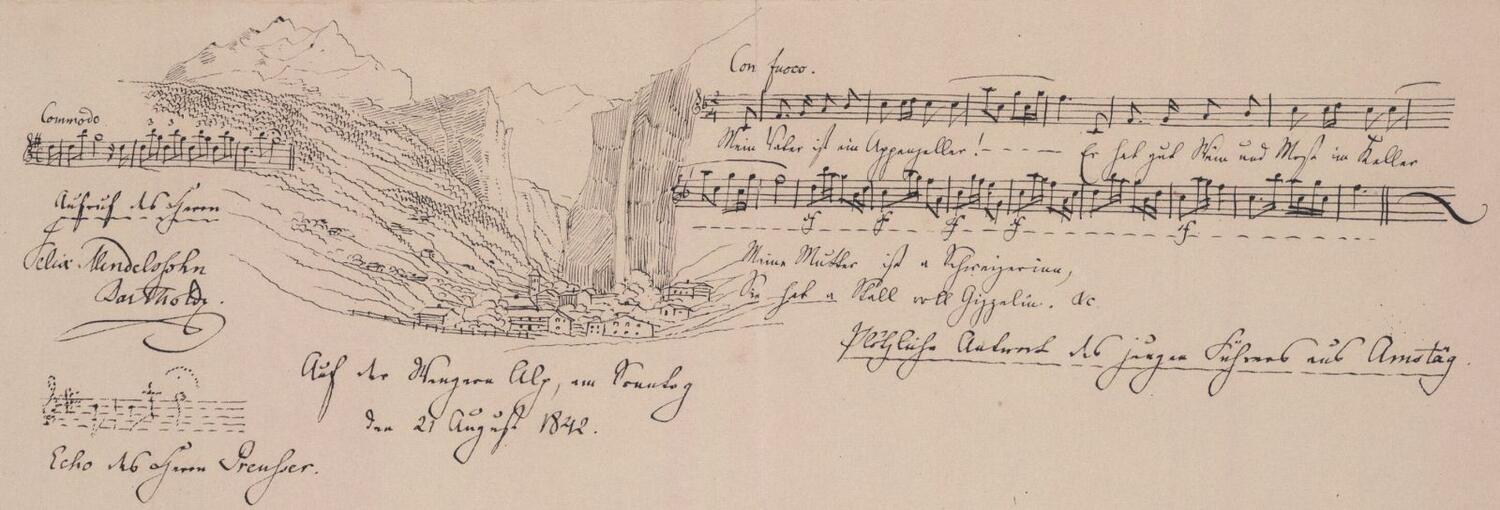 Album leaf with drawing and unidentified music quotation, by Felix Mendelssohn-Bartholdy