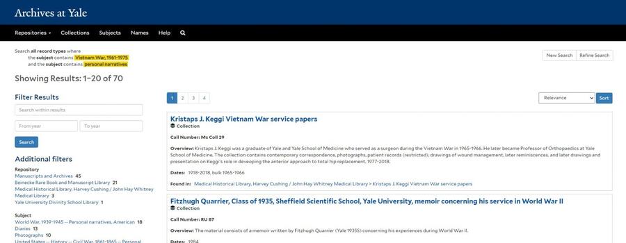 Advanced search in Archives at Yale that uses the search &quot;Vietnam War, 1961-1975&quot; and &quot;personal narratives&quot; as subjects