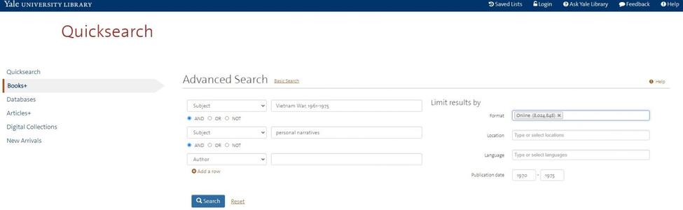 Quicksearch advanced search that uses &quot;Vietnam War, 1961-1975,&quot; and &quot;personal narratives&quot; as subjects, and limits to online resources and creation years of 1970-1975